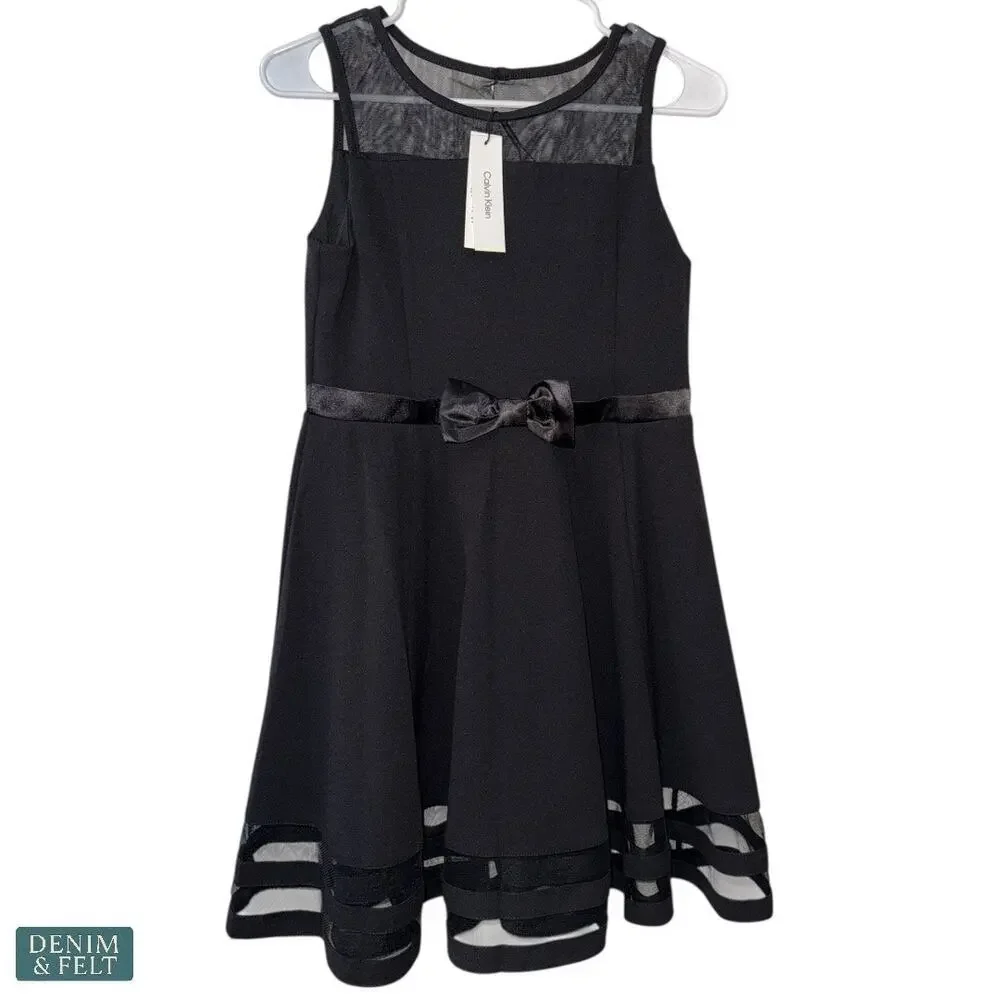 Calvin Klein Black Fit &‎ Flare Dress Sheer Mesh Bow Detail Size 14 NEW~NWT